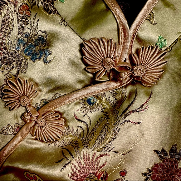 Oriental Gold Satin Dress Sz S  47” top of Shoulder to Bottom Hem - Picture 8 of 11